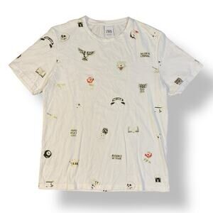 Zara Man White Graphic Tee Tattoo‎ Skull Rose Dice Eagle Punk Streetwear Size L
